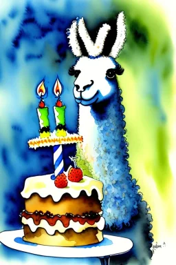 A cute llama is having a birthday cake. Watercolour