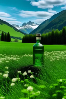 green liquor bottle in a field with flowers, mountains with snow and waterfall on the background