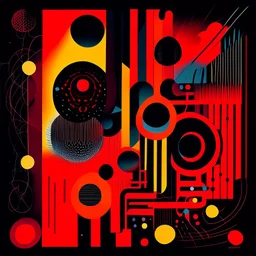 Precise geometries and flow graphs, violent colors, harsh contrast, abstract surreal art, by Arthur Secunda and Victor Pasmore and Petros Afshar, silkscreened mind-bending illustration, asymmetric, Braille code characters, UV x-ray warm colors, dark background, Sharp Contrast, dynamic composition, red hues