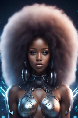 african curvy fantasy girl with long big afro hair weared futuristic