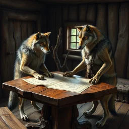 two anthropomorphic wolf stand around the old wooden table. They studying two map which features markings drawing are visible. one map lies down on big wooden table, one map holds his paws, older wolf a gnarled tree leans on a stick, in background the room's massive wooden walls, one little window, high realistic, detailed, cinematic mood