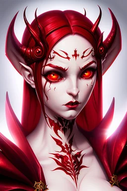 Portrait of a Dungeons and Dragons Tiefling girl with deep red sin, pretty, beautiful, symmetrical horns protruding fromn forehead, devil horns, smile, epic lighhting, cinematic, fantasy, , high quality, best quality, high definition, masterpiece, 8k, artstation, artwork, concept art