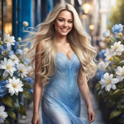 (best quality, 4k, 8k, highres, masterpiece:1.2), ultra-detailed, (realistic, photorealistic, photo-realistic:1.37),hyper realistic, full body gorgeous smiling 1woman,long hair,looking at viewer,realistic proportions,blue eyes,hair ornament,dress,very long hair,flower,blonde hair,parted lips,necklace,white dress,blonde hair,lips,blurry background,freckles,realistic,head wreath, pink flower,realistic portrait