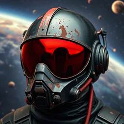 helmet of a elite space explorator in black metal with red accent. rust stain on it. in front of a fantastic space background.