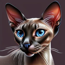 beautiful blue eyed, tall ,long legged, slender, elegant, sophisticated, sphynx-like chocolate point siamese cat expressionism pointillism style