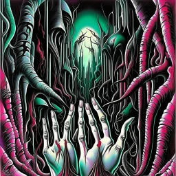 idle hands do evils bidding, sinister but beautiful, neo surrealism, by Gerald Scarfe, by H.R. Giger hypersurreal fantastical detailed 3D matte painting, deep color, intricate detail, splash screen, complementary colors, nightmare concept art, trending on DeviantArt