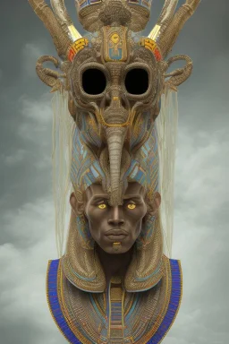 Aztec male African Egyptian alien, cracks in the voodoo head, wicked, eyes, crown, Elephant, 8k, finely detailed, photo realistic, tiger turquoise skull head gold dragon space alien snow skeleton gold hornytoad silver crown silver eyes