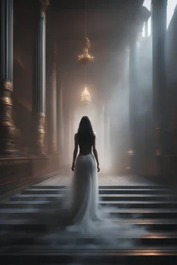 the goddess of death walking in her temple.volumetric fog, Hyperrealism, breathtaking, ultra realistic, unreal engine, ultra detailed, cyber background, Hyperrealism, cinematic lighting, highly detailed, breathtaking, stunning temple environment