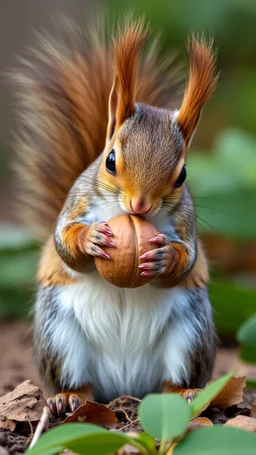 Beautiful squirrel holding a walnut . A small