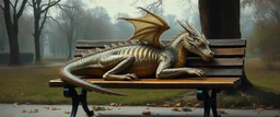 master oil painting by Rembrandt, transparent dragon sleeping on a bench in the park