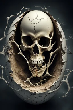 a haunting image of an embryonic human skeleton emerging from a cracked egg