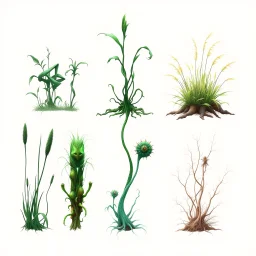 "Isolated concept art of multiple types of alien plant on a plain neutral background. Designed for different biomes: Forest biome – lush, dense, tall grass with strange broad blades, glowing tips, and twisted leaves. Swamp biome – slimy, wet, moss-like grass with tangled roots, bioluminescent details, and spongy textures. Desert biome – dry, spiky, brittle grass with sharp edges, thorn-like blades, and pale dusty colors. Each grass type should have a unique silhouette and texture.