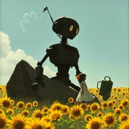 silhouette of a broken-down brutish retro-futuristic robot with a slight smoke trail from torso twirling upwards sitting limply with its back against a boulder in a field of sunflowers, girl in a sun dress holding a vintage oil can with a spout approaches robot, by Shaun Tan and Syd Mead, artistic, stunning, complex contrast, dynamic