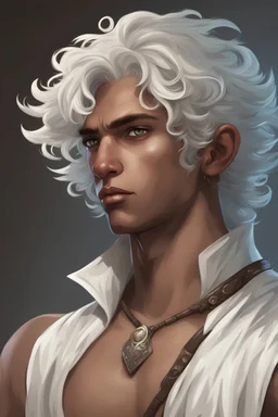 create a young male air genasi from dungeons and dragons, white very curly short hair, undercut, brown skin, light blue eyes, wind like hair, wearing nothing, He is smoking, realistic, digital art, high resolution, strong lighting, tan skin,