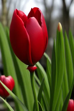 A large red tulip with several branches of a small red tulip