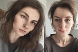 A selfie of a brunette woman, middle short hair, showing a 27-year-old European woman. She has white skin, tousled brown hair, face without makeup, big round dark brown eyes, cute profiled nose, detailed full lips, skin texture. Split screen and show the same face but 10 years older