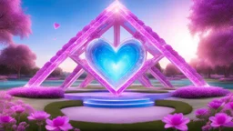 magic brightness piramidal structure coloured of light and bluebeam with an heart at the interior. the bakground is in a fairy lawn with pink flowers, crystal and a with lightness sky