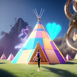 calm yoga artist inside tipi, smoking pool, maze background ,chain levitated, levitated lab equipment, 4k, Highly Detailed, Masterpiece, perfect eyes, Digital Illustration, Cinematic Lighting, Realistic, Sharp Focus, Centered, Beautifully Lit, Bioluminescent by Stanley Artgerm Lau