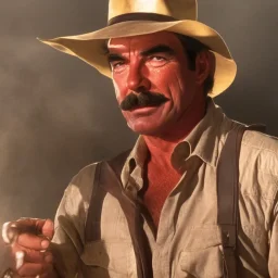 Tom Selleck as Indiana Jones, dramatic light, close up, smoky background, high detail, cinematic, vignette