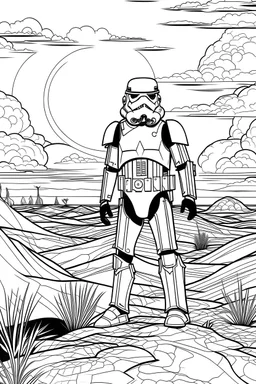 outline art Storm trooper in the desert, high-detail, dramatic lighting, digital art coloring pages with witch, white background, Sketch style, full body, use outline, Mandala style, clean line art, white background, no shadows and clear and well