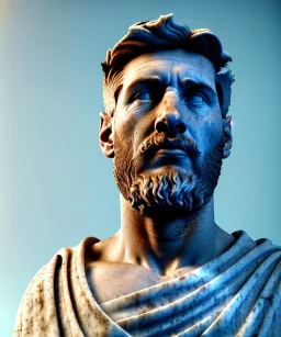 Ultra Realistic image, roman sculpture, white marble material, Lionel Messi, Greece Laurel crown, miguel angel style, chisel style, emperador, waist up portrait, cinematic lighting, God light, god rays, 4k resolution, smooth details, ornate details, soft lighting, unreal engine 5, sky background.