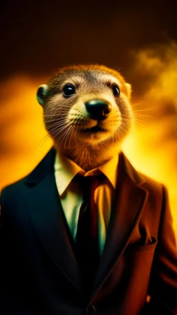 an otter in a brown blazer standing in front of smoke, backlit, in the style of gritty hollywood glamour, infrared film, movie still, emphasis on facial expression