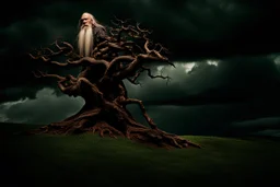 Prompt Share: editorial style photo of [old wizard|craggy tree:0.5] in front of storm clouds, photo-realistic, surreal