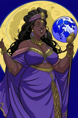 an anime drawing of an 40 year old black woman. she had dark hair in braids and a royal headdress. she is wearing a purple moon-themed african gown. she is plus sized. she has a royal scepter and orb.