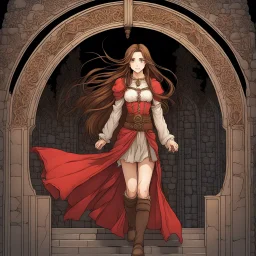 A confident woman with long brown hair and red eyes, stepping out of a magic portal into a medieval world, colored manga style, intricately detailed