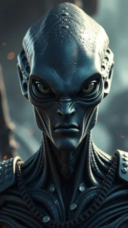 Alien looking up , d&d character art masculine features, deep coal-gray skin, 8k, 3d cgi, unreal engine 6, high detail, intricate, cinematic battle background