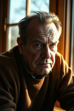 create a photorealistic portrait of actor Jack Nicholson sitting by the window in the late afternoon, with natural sunlight casting warm, golden light across his face revealing every wrinkle and the texture of his skin, sharp focus on his eyes showing depth, reflection, moisture, with a soft bokeh background of the room behind him. The scene should convey peace with detailed textures on the wooden window frame and the fabric of his clothing.