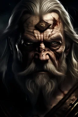Retrato de un superhéroe vengador fuerte, anciano, sabio y con muchas cicatrices al estilo leyenda nórdica