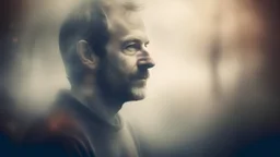 Create a compelling image: a portrait of a man intentionally blurred, his features softened into a dreamlike haze. Convey the sense of ambiguity and introspection, using muted tones and gentle gradients to enhance the ethereal quality of the scene. Encourage the viewer to explore the emotional depth of the blurred portrait, inviting them to interpret the narrative behind the intentional lack of focus.
