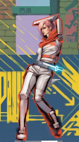 teen woman in retro-futurist cyberpunk costuming with pants and sheathed swords leaning to the side with shoulder against a brick pillar, add a background of brick with graffiti of a large arrow pointing to the right and text of the word "PUB" on lower left