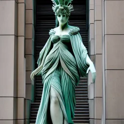 a steampunk robed Roman liberty goddess , 10 Grenelle, biomorphic, structure,staircase esoteric, bioluminescence, centrepiece,New York, interior design, Les Echos, NY liberty statue, LVMH, media division, minimalist, palace environment, parametric sculpture, Liberty Statue of New York , refined details, masterpiece of Ora Ito