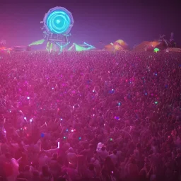 GIANT DANCE PARTY, FESTIVAL IN THE MOUNTAINS, MUSIC FESTIVAL, CROWD, ALIENS, cinematic lighting, 4k, 8k, octane render, digital concept art, ambient lighting, PINK