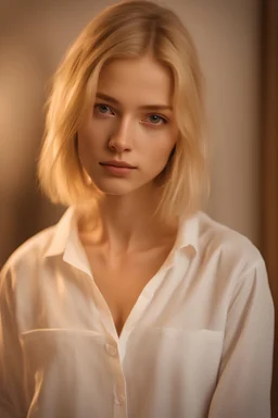 photo of gaunt 17 years old girl, blonde hair bob-style, wear long white male shirt, barefoot, stand in small flat hall, shy expression on face, high detailed photo, ultra realistic, diffuse warm lights