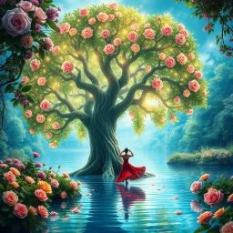 fabulous big magical beautiful tree with sparkling glowing leaves with in a tropical forest in beautiful colourful roses, around blue beautiful lake fantasy,a flamenco is standing in the water photo