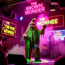 An "BIG POOP" performing at dance club, his name is "BIG POOP" and looks crazy, and green slime on stage, Neon lights and smog, "DAS BRAUNE WUNDER" SIGN ON WALL