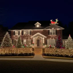 photograph taken by a gopro camera of a large suburban house and landscaping and fence with an insanely detailed Christmas light display lit up at night. Christmas lights on everything, Santa's sleigh and reindeer on roof all lit up with individual christmas lights, christmas light on everything to an unbelievable degree, 100,000 individual lights, ridiculous and impossible amount of lights, lights can be seen from space