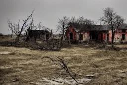 Old farmhouse, wasteland, storm, ruins, rain, craters, dead trees, biohazard, radiation