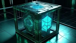 Cube tesseract from movie Loki. Tesseract size must be third part of image size. Located strictly in the middle of picture with space around it and with navy blue/green glow inside tesseract. Without surface/table on which it stay.