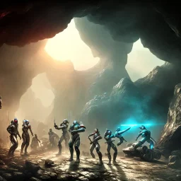 mural of cyborgs on wall in a cave,stone age, dust,artstation, volumetric light, high detail, perfect, cave , cyberpunk art,