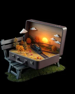 Suitcase 3d, surreal art, on a bench a huge suitcase open lies on its side, inside of which is an autumn landscape and sunset, autumn, a railroad going into the lid of the suitcase, a small locomotive, its own microworld, on a black background a pleasant surprise inside, concept of the image