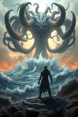 Create image depicts a landscape engulfed by a colossal, entity rising from a chaotic sea.the scene, creating an apocalyptic atmosphere. Its many sharp claws and writhing tendrils emerge from the ocean, symbolizing unstoppable destruction. In the foreground, a humanoid figure stands defiantly amidst the chaos,