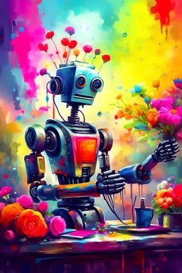 Watercolor illustration of a robot making a beautiful painting of beautiful vibrant flowers, on a canvas in a artist studio, vibrant colors everywhere, robot arm holding a paint brush, artstation, deviantart, cgsociety