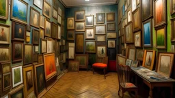 room with a lot of paintings on the wall, room of the unnamed painter