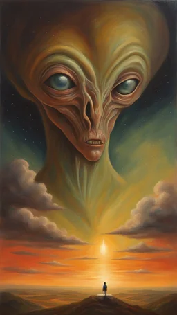 oil painting, Believing the strangest things, loving the alien And your prayers they break the sky in two