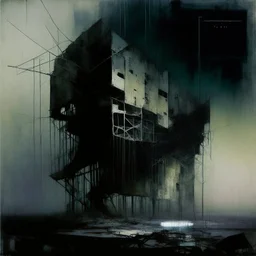 Dark Contemporary abstract painting of Lebbeus Woods brutalist architecture in a wasteland techno decaying landscape. Hazy foggy night sky. Concrete ground. Exposed twisted concrete and wires. Style Justin Mortimer and JMW Turner.