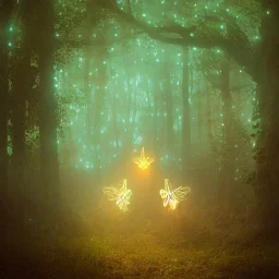 glowing Pixies and Fairies in a garden ,free, many fairy lights inside a forest, ghostly lights, polaroid, symmetry, bioluminescence, luminescent glow, moody, tender, photorealistic, octane render, golden hour,MTG,digital painting,by Anna Dittmann